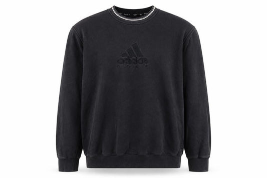 Front view of adidas boys’ black golf pullover sweatshirt, size L, crew neck embroidered logo