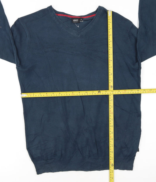 HUGO BOSS Men's Blue V-Neck Cotton Jumper Size S Regular Fit