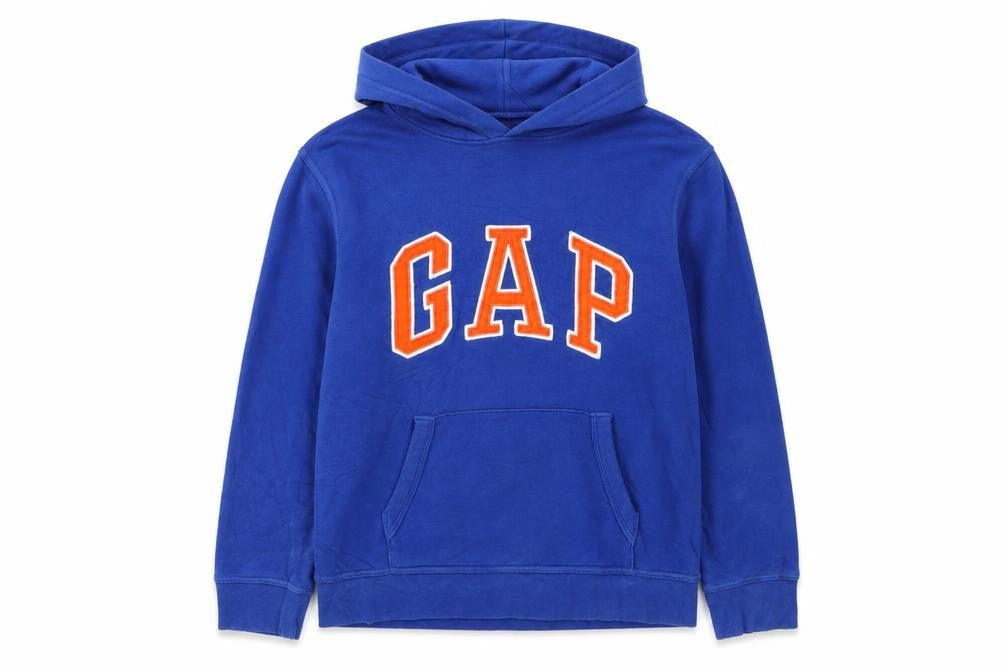 Front view of Gap Kids boys’ blue pullover hoodie, size 14-16, cotton blend logo sweatshirt