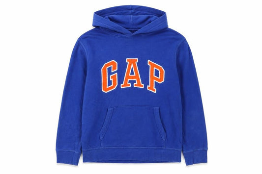 Front view of Gap Kids boys’ blue pullover hoodie, size 14-16, cotton blend logo sweatshirt