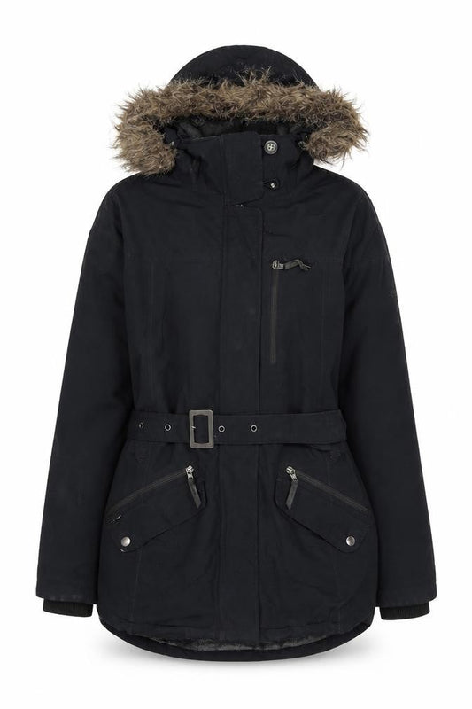 Columbia Womens Black Parka Jacket M Hooded Belted Winter Coat