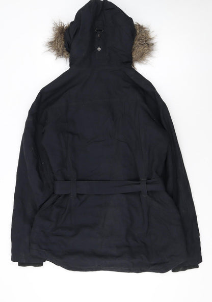 Columbia Womens Black Parka Jacket M Hooded Belted Winter Coat