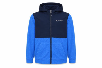 Front view of Columbia boys’ blue colourblock full zip hooded fleece jacket, size 14, years