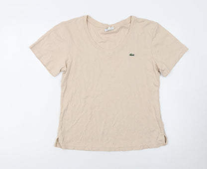 Lacoste Women Beige V-Neck Cotton T-Shirt Size 18
