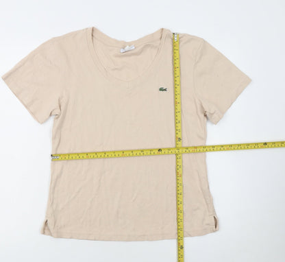 Lacoste Women Beige V-Neck Cotton T-Shirt Size 18