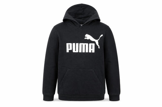 Front view of Puma boys’ black pullover hoodie 13-14 years logo graphic fleece sweatshirt