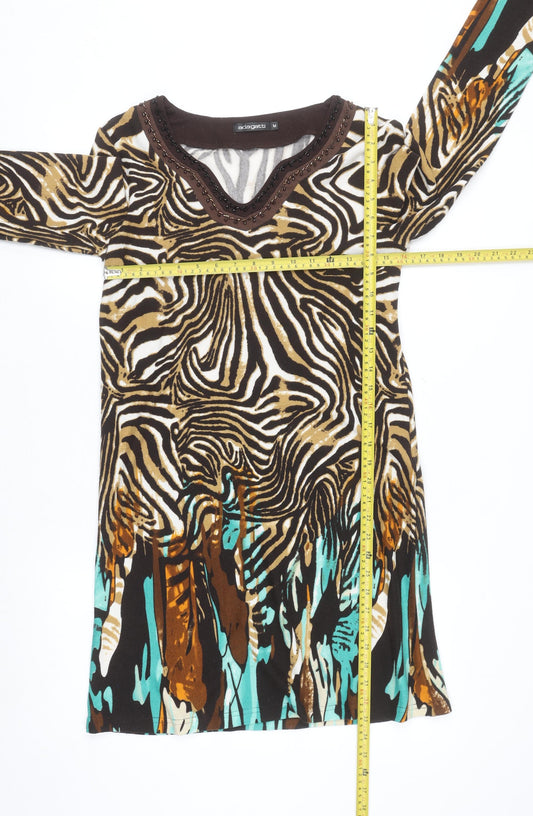 adagatti Women’s Multicoloured Animal Print Beaded V-Neck Shift Dress M