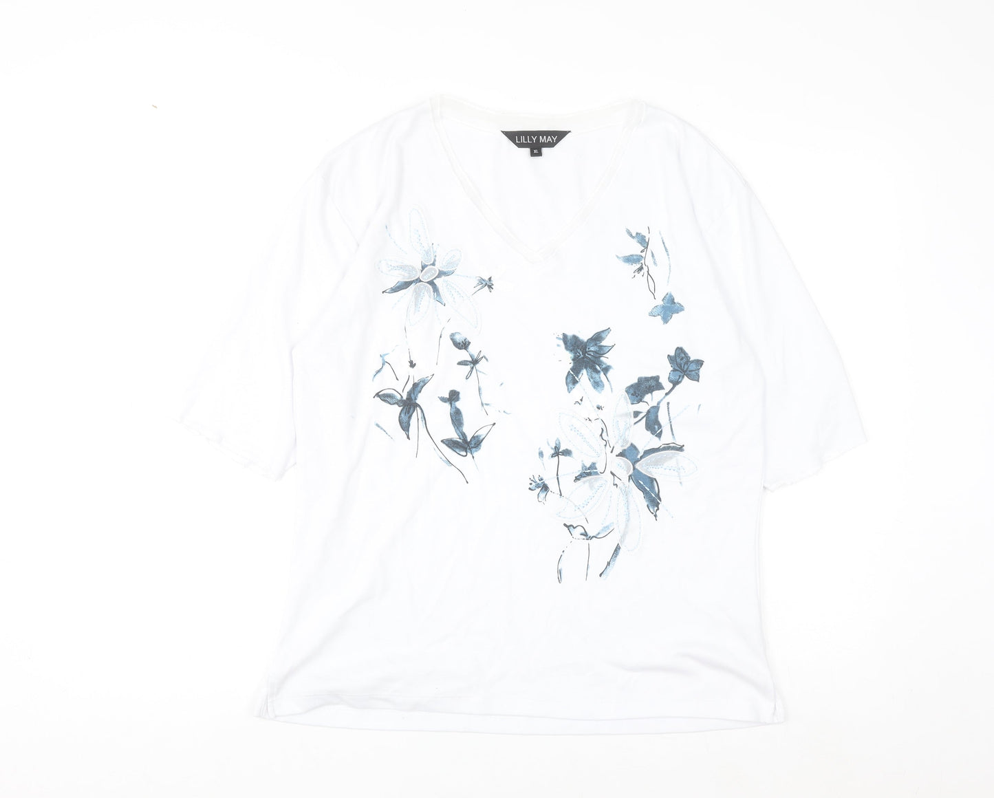 Lilly May Women’s White Floral Embroidered V-Neck Short Sleeve T-Shirt XL