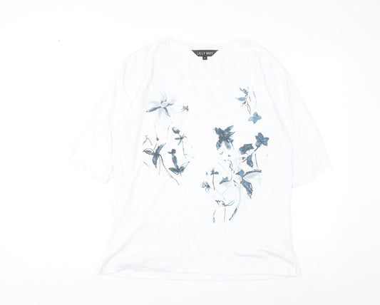 Lilly May Women’s White Floral Embroidered V-Neck Short Sleeve T-Shirt XL