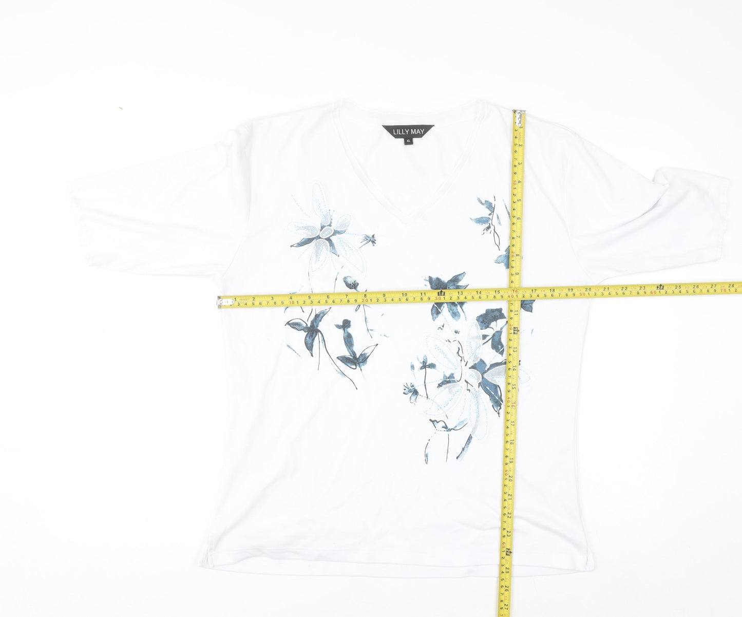 Lilly May Women’s White Floral Embroidered V-Neck Short Sleeve T-Shirt XL