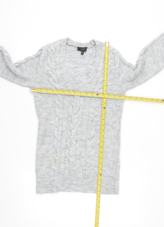 Lipsy Women’s Grey Cable-Knit V-Neck Jumper Size 6