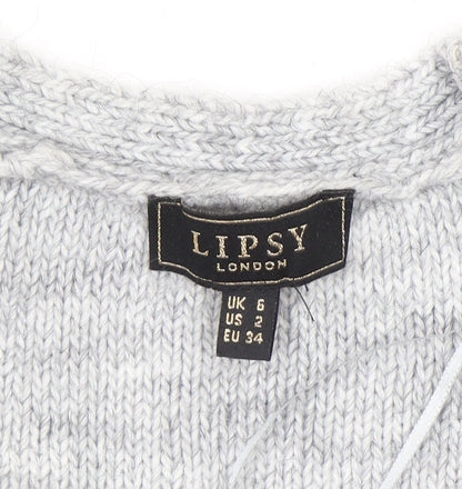 Lipsy Women’s Grey Cable-Knit V-Neck Jumper Size 6