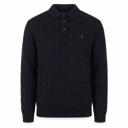 Ralph Lauren Men's Blue XL Cable-Knit Cotton Collared Jumper