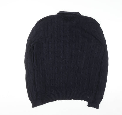Ralph Lauren Men's Blue XL Cable-Knit Cotton Collared Jumper
