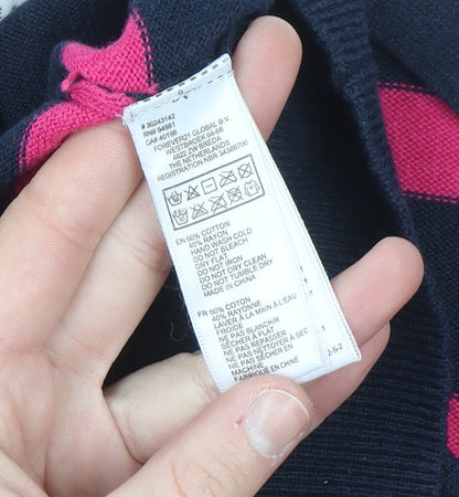 Forever 21 Women's Navy & Pink Striped V-Neck Cardigan Size S