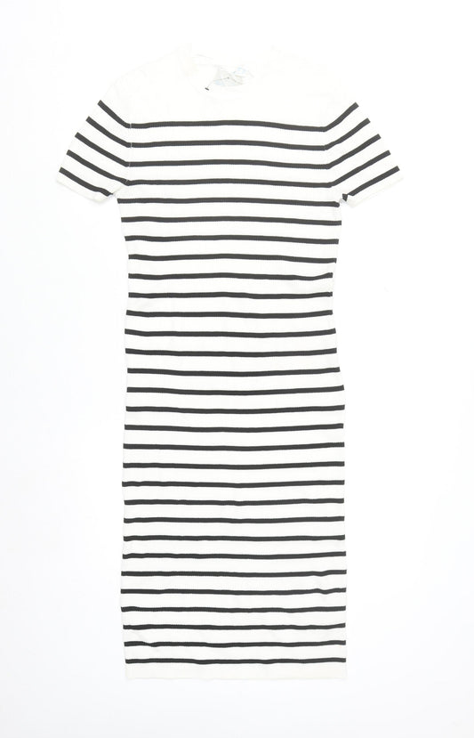Primark Women White Striped Midi Bodycon Dress L