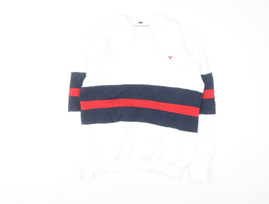 Whale of a Time Men White Navy Red Stripe Cotton Crew Sweatshirt L
