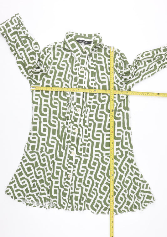 Zara Women Green Geometric Linen Shirt Dress XL