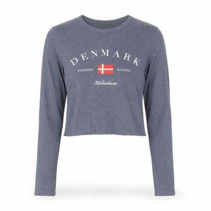 Bershka Women Blue Cropped Long Sleeve Crew Neck Denmark Graphic T-Shirt S