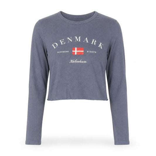 Bershka Women Blue Cropped Long Sleeve Crew Neck Denmark Graphic T-Shirt S
