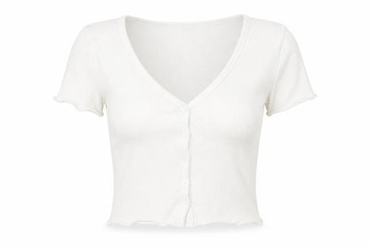 FB Sister Women's White Cropped Button-Up Ribbed Top Size S