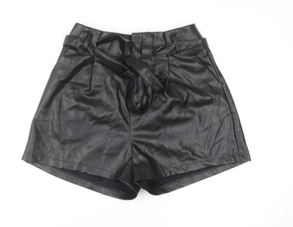 Aaron & Amber Womens Black Faux Leather Paperbag Shorts M