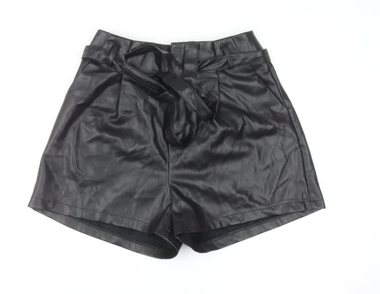 Aaron & Amber Womens Black Faux Leather Paperbag Shorts M