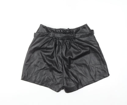 Aaron & Amber Womens Black Faux Leather Paperbag Shorts M