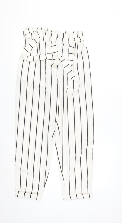 Pull & Bear Womens White Striped Paperbag Trousers Size 12