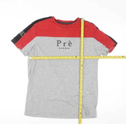 Pre London Men's Grey and Red Colourblock Crew Neck T-Shirt Small