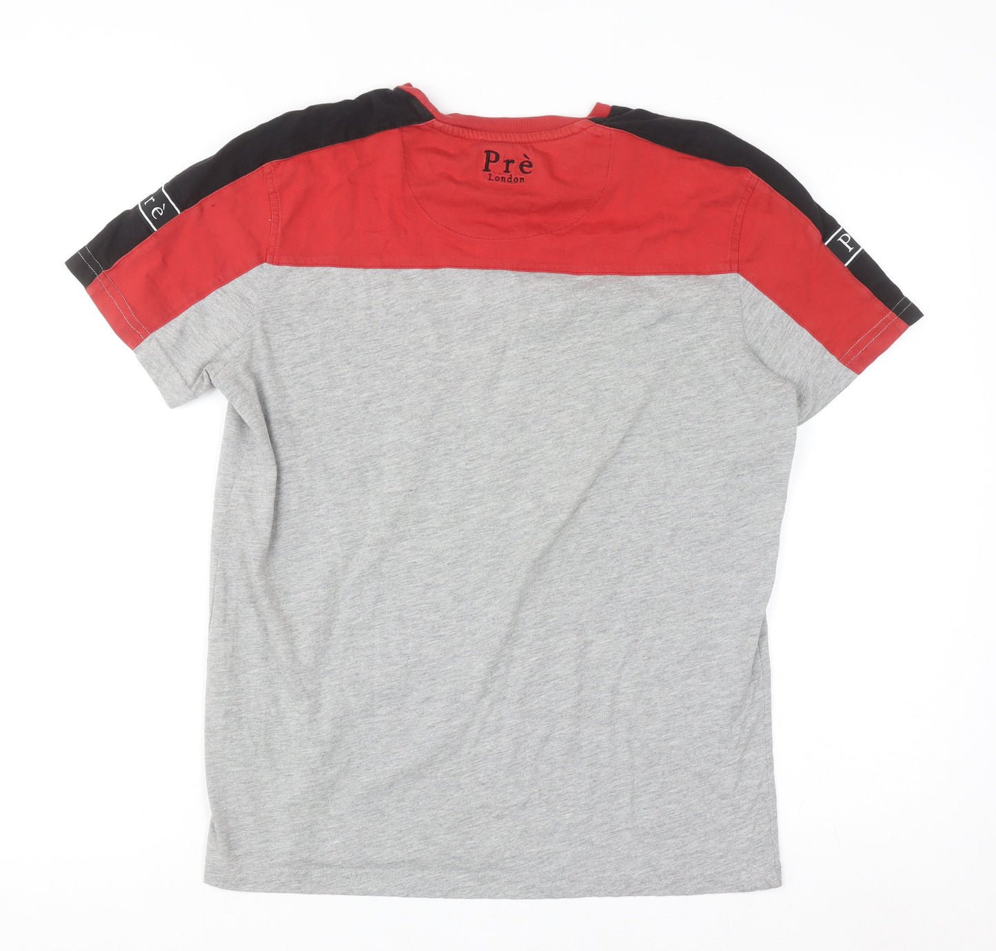 Pre London Men's Grey and Red Colourblock Crew Neck T-Shirt Small