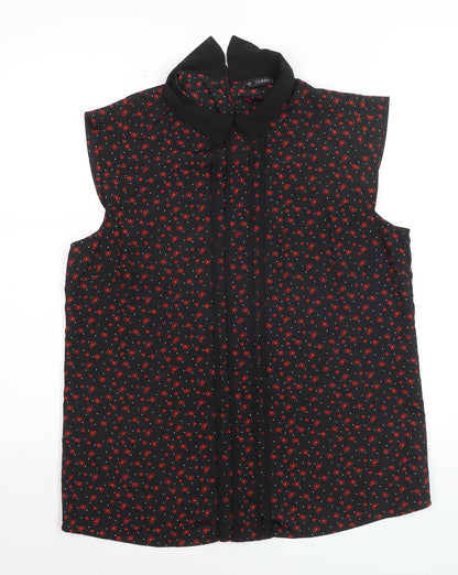 Dunnes Womens Black Floral Collared Sleeveless Blouse Size 12