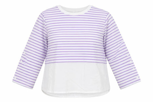 Front view of Gallery Women’s Lilac White Striped Long Sleeve Jersey Top, size M
