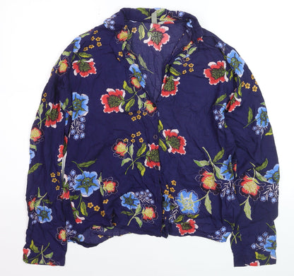 ASOS Women Blue Floral Long Sleeve Button-Up Viscose Shirt Size 10