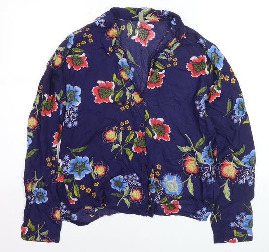ASOS Women Blue Floral Long Sleeve Button-Up Viscose Shirt Size 10