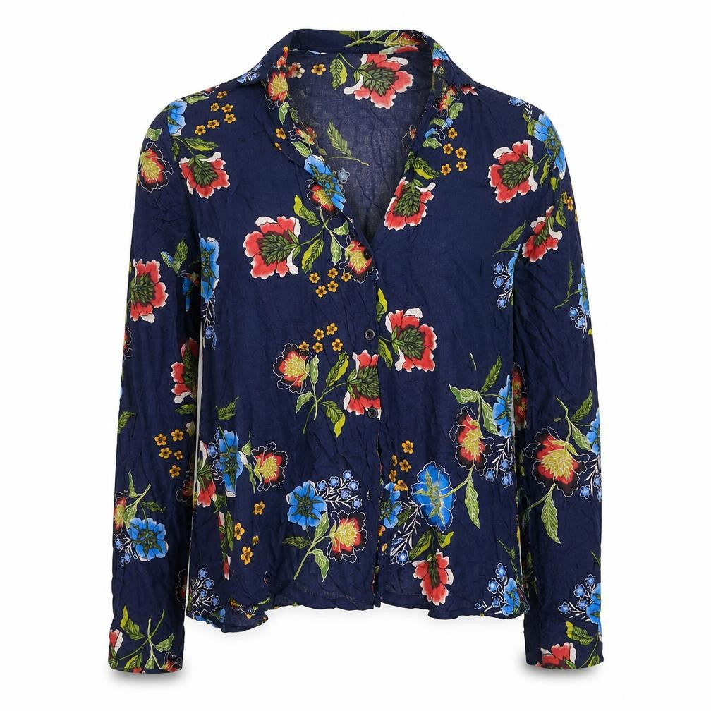 ASOS Women Blue Floral Long Sleeve Button-Up Viscose Shirt Size 10