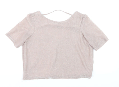 River Island Women Beige Cropped V-Neck Short Sleeve Top Size 8