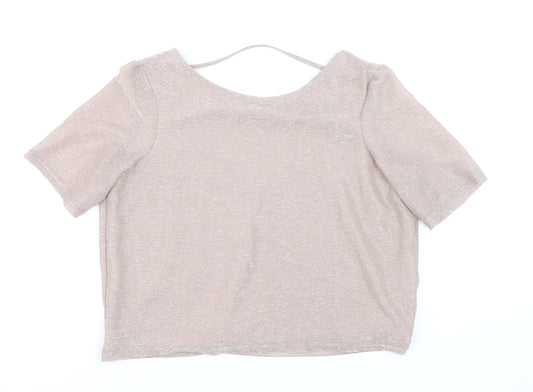 River Island Women Beige Cropped V-Neck Short Sleeve Top Size 8