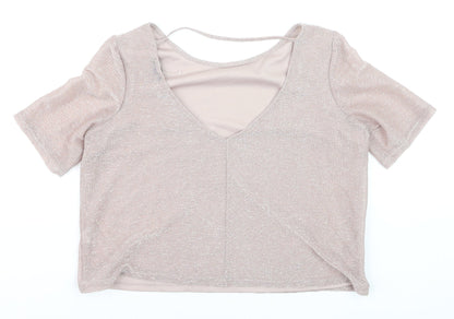River Island Women Beige Cropped V-Neck Short Sleeve Top Size 8