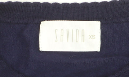 Savida Women's Blue Cotton Crew Neck Button Cardigan XS