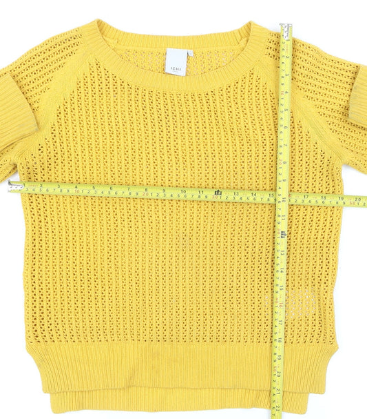 ICHI Women Yellow Open Knit Cotton Blend Jumper Size S