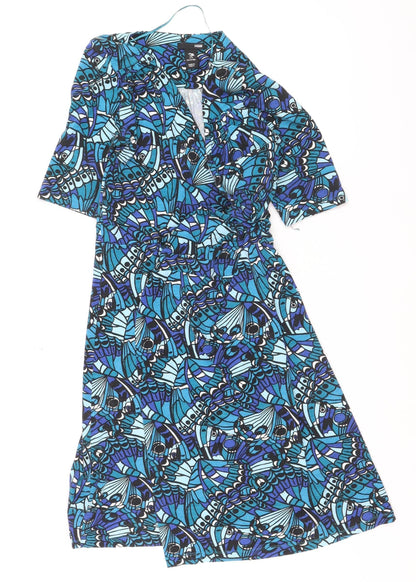 H&M Women’s Blue Floral Wrap Dress Size 10 Viscose Elastane Knee Length