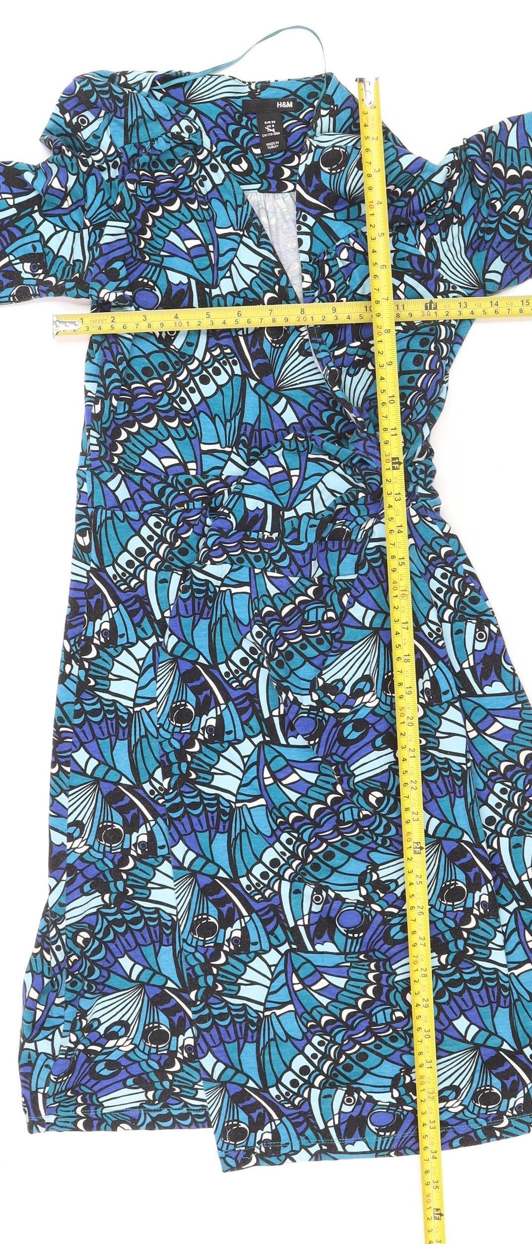 H&M Women’s Blue Floral Wrap Dress Size 10 Viscose Elastane Knee Length