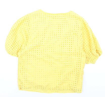 Max Womens Yellow Cotton Blouse Size 10 Short Sleeve Eyelet Top