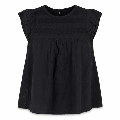 Front view of Dunnes Women Black Cotton Lace Detail Short Sleeve Blouse XS
