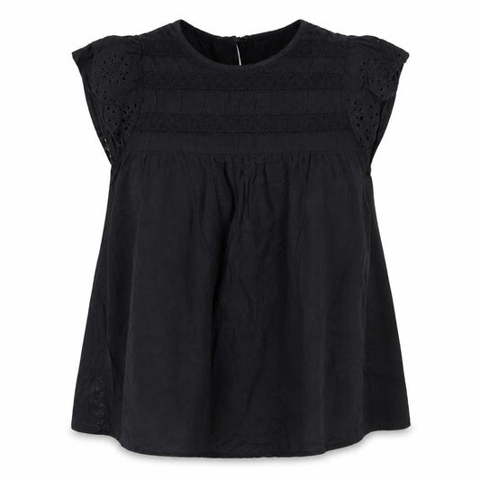 Front view of Dunnes Women Black Cotton Lace Detail Short Sleeve Blouse XS