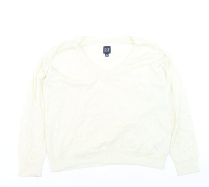 GAP Women Ivory V-Neck Linen Blend Pullover Jumper Size M