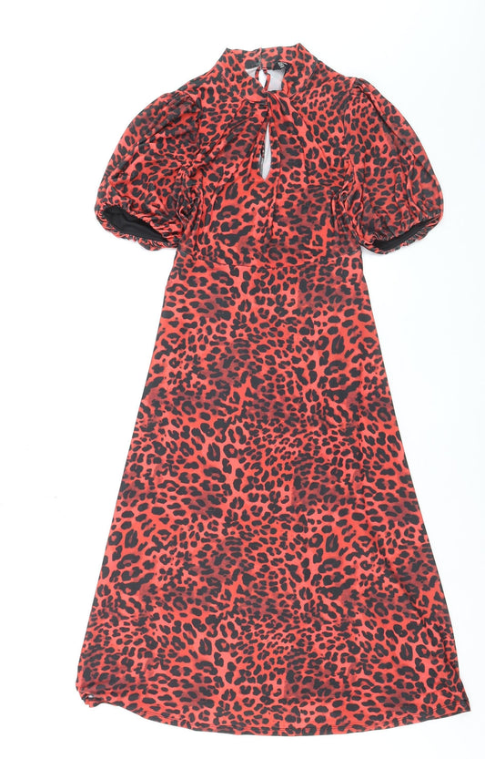 Friends Like These Women’s Red Leopard Print Midi Puff Sleeve A-Line Dress Size 8