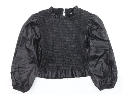 Zara Women Black Faux Leather Puff Sleeve Smocked Blouse Size M