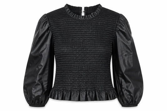 Zara Women Black Faux Leather Puff Sleeve Smocked Blouse Size M